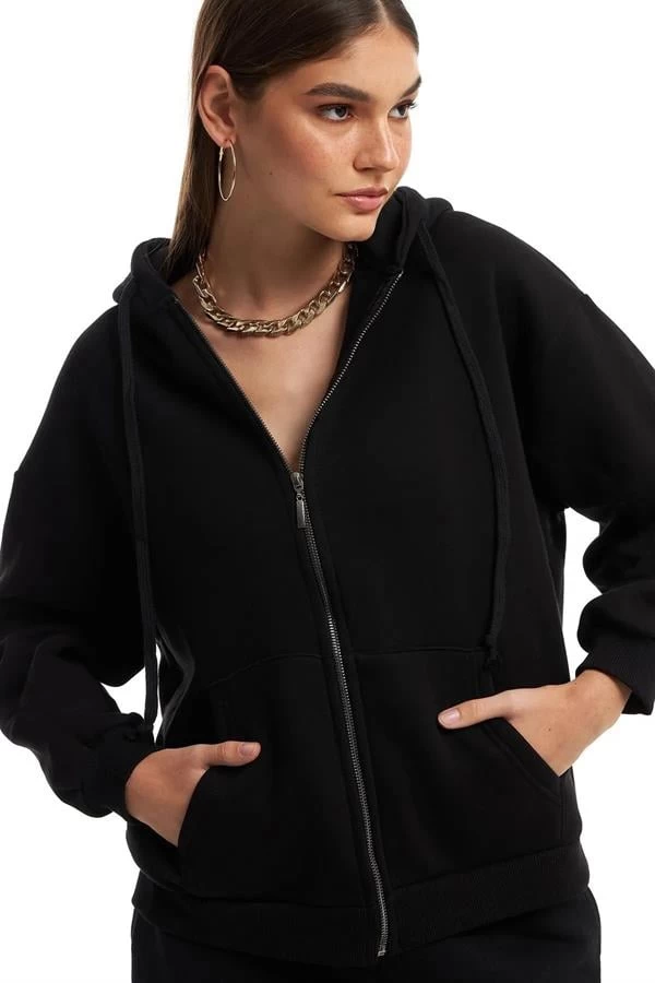 Kapüşonlu Fermuarlı Sweatshirt Hırka - Renk: Siyah, Beden: Medium