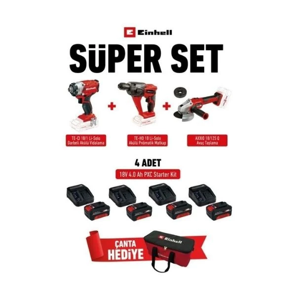 Einhell -18v 4ah 4 Akülü Darbeli Vidalama + Matkap + Taşlama Seti