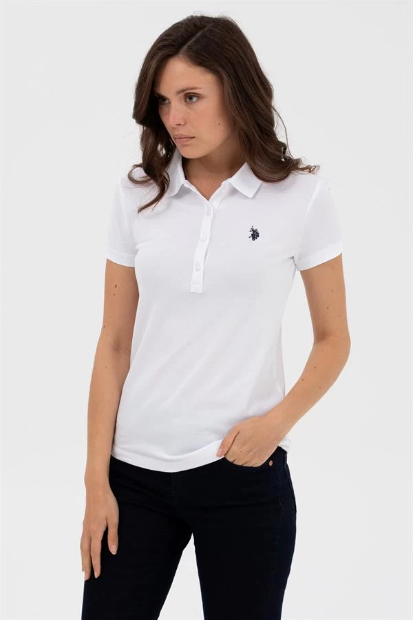 Loglu Fitted Kadın Polo Yaka - Renk: Beyaz, Beden: Small