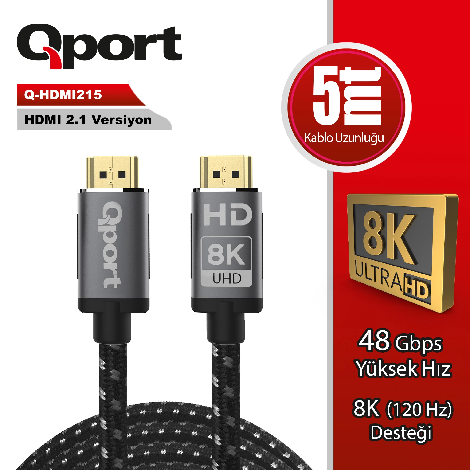 Qport Q-hdmi215 Hdmi 2.1v 8k Altin UÇlu Kablo 5 Mt Kablo