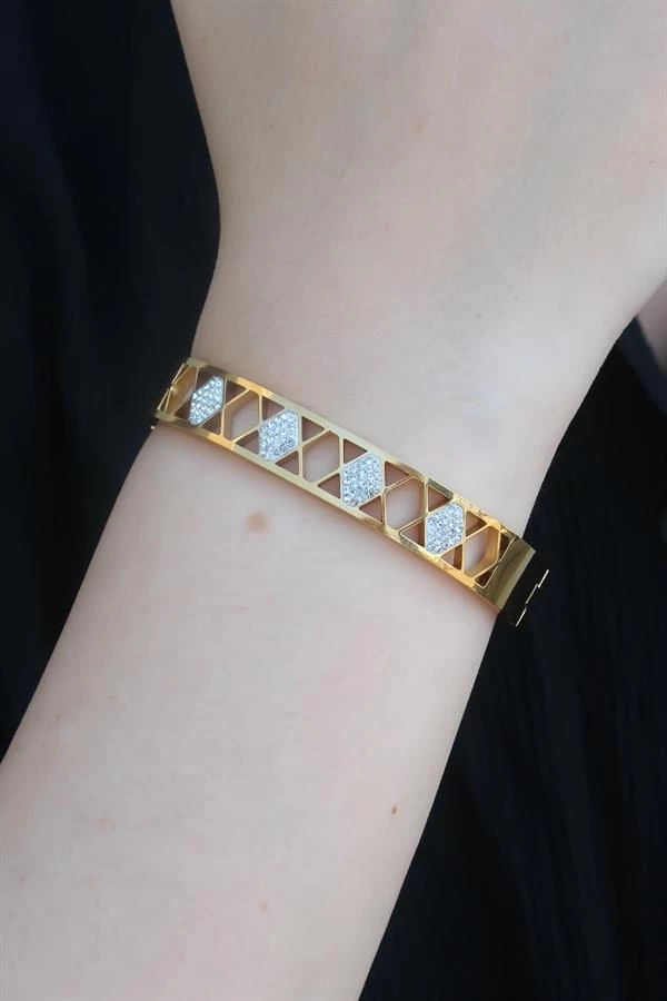 316l Çelik Gold Renk Motif Model Zirkon Taşlı Kadın Kelepçe