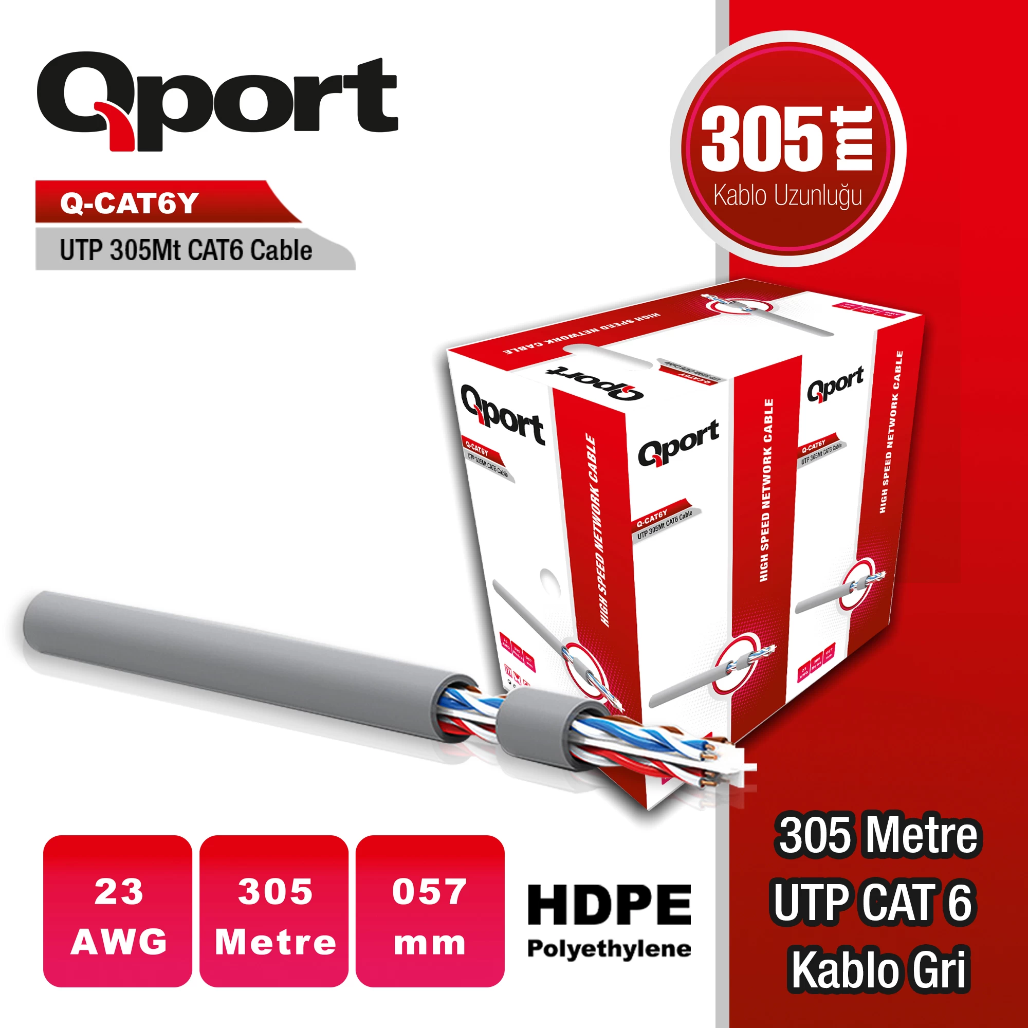 Qport Q-cat6y 305 Metre 23awg Gri Cat6 Utp Pe Kablo