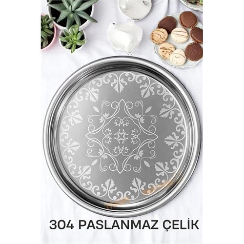 Modacar Servis Tepsisi - Çelik Çay Tepsisi  Şık Desenli Tepsi 41 Cm