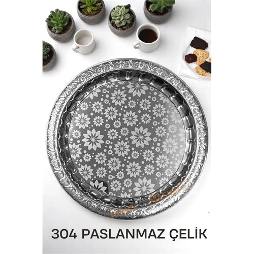 Modacar Servis Tepsisi - Çelik Çay Tepsisi  Şık Desenli Tepsi 36 Cm