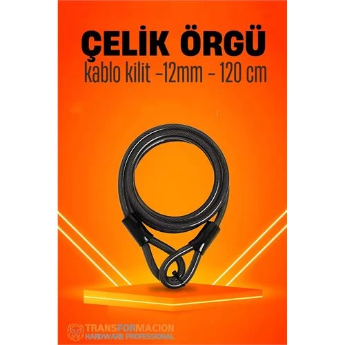 Modacar Çelik Örgü Kablo Kilit 12mm 120 Cm Bisiklet Kilidi Motosiklet Kilidi Eşya Garaj Kilidi