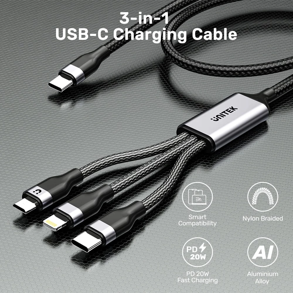 Unitek Type-c 3in1 Hizli Şarj Kablosu 1.5mt 20w Micro Usb, Type-c, Lightning (c14101agy01-1.5m)