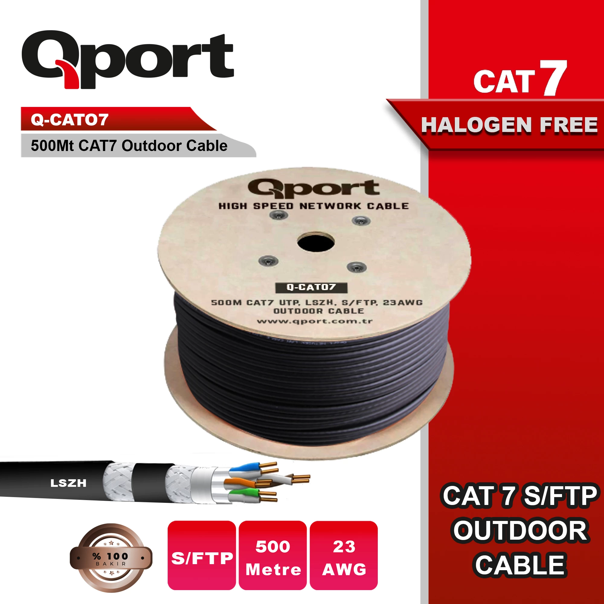 Qport Q-cato7 500m Cat7 Lsoh S/ftp Full Bakir 23awg Sİyah Halogen Free Kablo