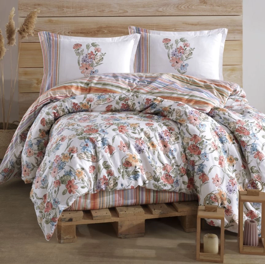 Clasy Ranforce Nevresim Takımı Çift Kişilik Zemi V1 Pudra