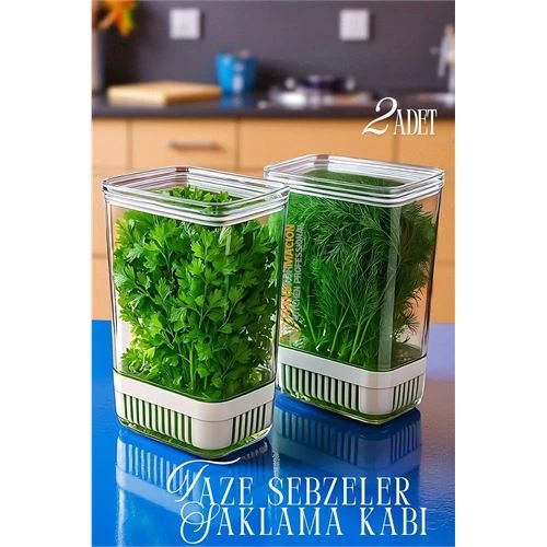 Modacar Yeşillik Saklama Kabı - Taze Yeşillik İçin - Soğan Maydanoz Vb Yeşillik Saklama 2 Lİ Set