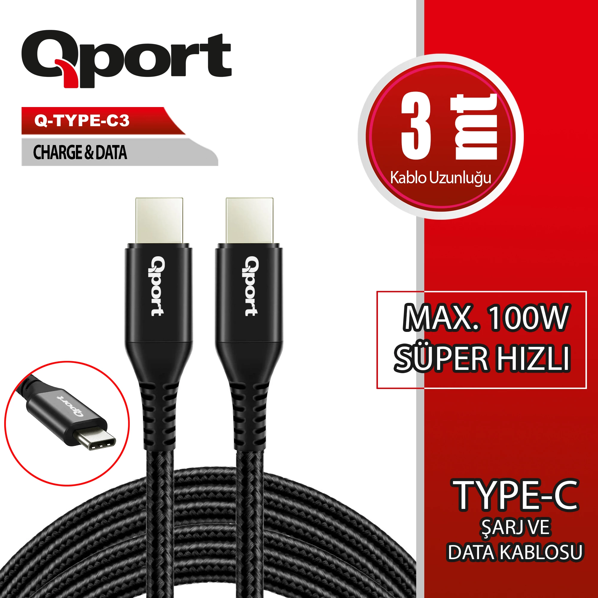 Qport Q-type-c3 3m Type-c 100w Super Hizli Pd Sarj Ve Data Kablosu