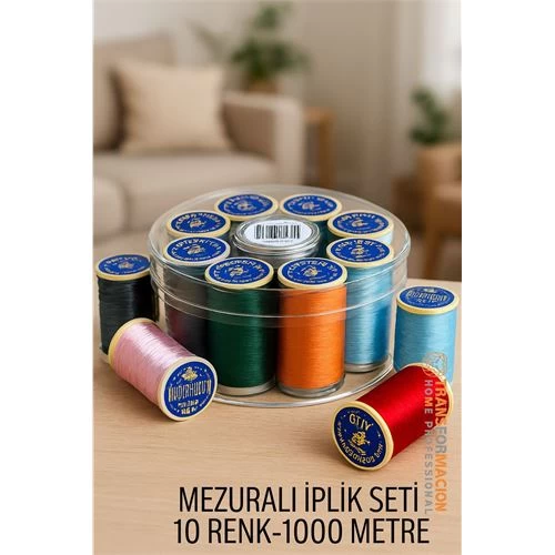 Modacar Dikiş İpliği Seti - 10 Renk 1000 Mt Kutulu Mezuralı Dikiş Seti