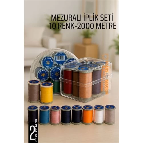 Modacar Dikiş İpliği Seti - 10 Renk 2000 Mt Kutulu Mezuralı Dikiş Seti