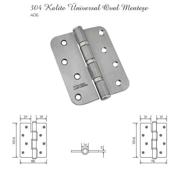 YÜksel 10 Cm Paslanmaz Ünİversal Dar Oval MenteŞe