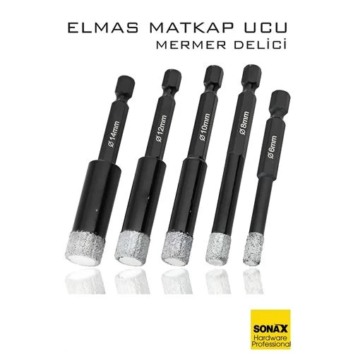 Mermer Delme Elmas Matkap Ucu - 5'li Porselen Karo Seramik Taş, Cam, Granit Için Elmas Matkap Uçları