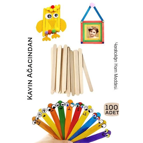 Steril Ahşap Boyanabilir Oyun Çubukları 100 Adet  Pürüzsüz Dokulu  Dayanıklı 9 Cm
