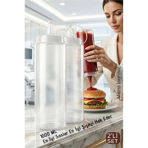 2'Li Sos Şişesi, Ketçap Mayonez Hardal Ve Zeytinyağı Şişesi Seti - 1000 Ml Sızdırmaz Kapaklı Profesyonel Mutfak Dispenseri 