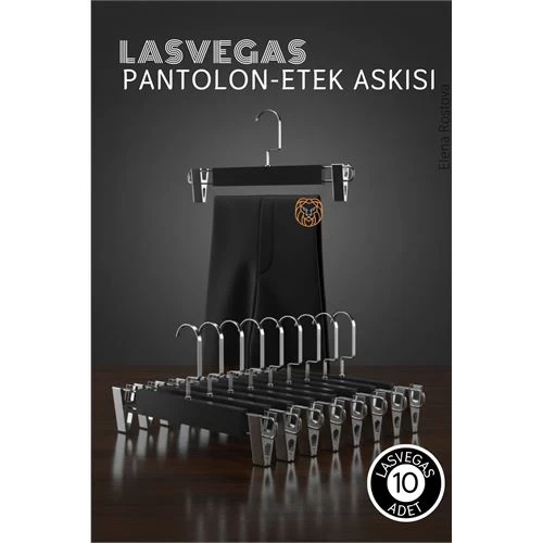 Lasvegas  Siyah Ahşap Pantolon Ve Etek Askı Seti 10'Lu Set, Lüks Amerikan Kancalı