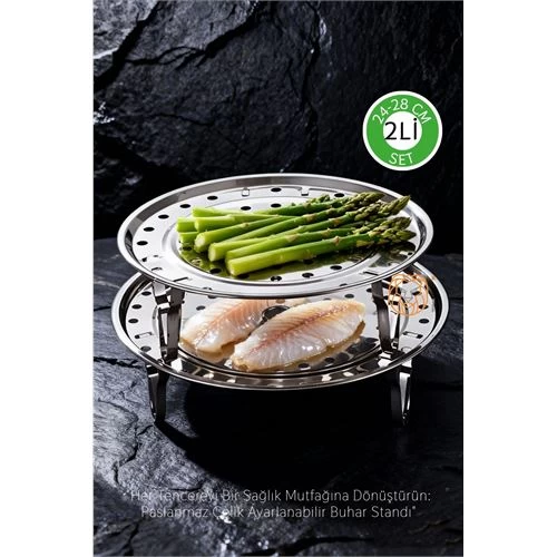2'Li Set Inox Çelik Ayaklı Buharlı Pişirme Aparatı -  24+28 Cm Çok Amaçlı Tencere İçi Haşlama Standı 