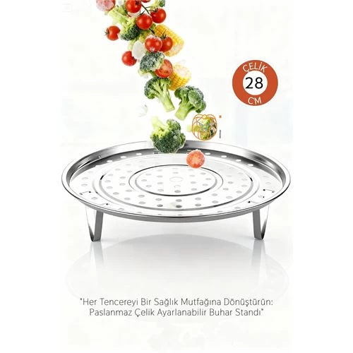 Inox Çelik Ayaklı Buharlı Pişirme Aparatı - 28 Cm Çok Amaçlı Tencere İçi Haşlama Standı 