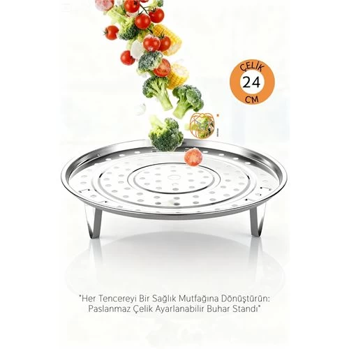Inox Çelik Ayaklı Buharlı Pişirme Aparatı - 24 Cm Çok Amaçlı Tencere İçi Haşlama Standı 