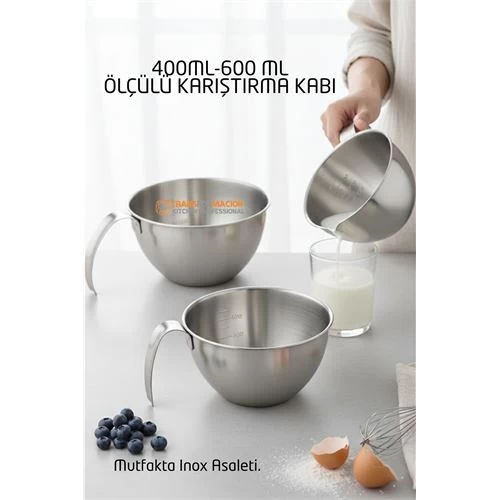 Inox Çelik Profesyonel Ölçülü Karıştırma Kabı Seti -400-600 Ml Sos & Hazırlık Şefi Serisi 