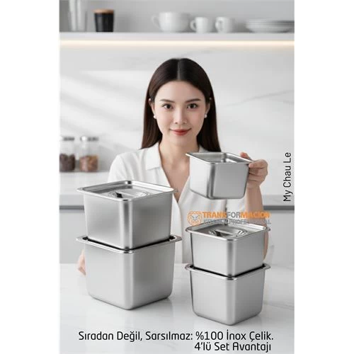 4'Lü Inox Saklama Kabı - Hava Sızdırmaz Mutfak Düzenleyici 304 Paslanmaz Çelik 