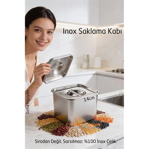 Premium Inox Saklama Kabı - Hava Sızdırmaz Mutfak Düzenleyici 14X11 Cm 304 Paslanmaz Çelik 