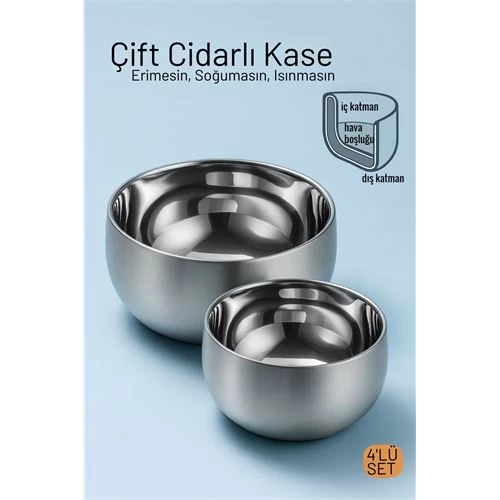 Çift Cidarlı Isı Yalıtımlı 4'Lü Lüks Kase Seti (16Cm & 18Cm) Premium 304 Paslanmaz Çelik 