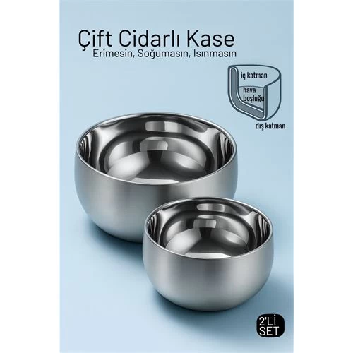 Çift Cidarlı Isı Yalıtımlı 2’Li Lüks Kase Seti (16Cm & 18Cm) Premium 304 Paslanmaz Çelik 