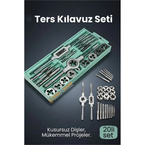 20 Parça Profesyonel Metrik Ters Kılavuz Ve Pafta Seti M3-M12