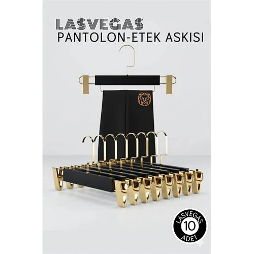 Lasvegas  Siyah Ahşap Pantolon Ve Etek Askı Seti 10'Lu Set, Lüks Amerikan Kancalı