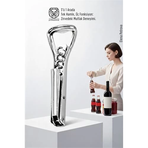 3’Ü 1 Arada Profesyonel Çelik Tirbüşon: Lüks Şişe Ve Kavanoz Açacağı Kombine Set 