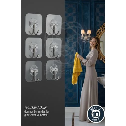 10'Lu Şeffaf Yapışkanlı Askı, Mutfak Banyo Duvar Askısı, Çivisiz Pratik Kanca Seti 