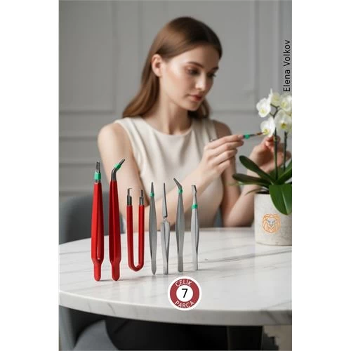 Premium 7 Parça Çelik Profesyonel Çiçek Bakım Ve Teraryum Cımbız Seti - Lüks Bakım Kiti 