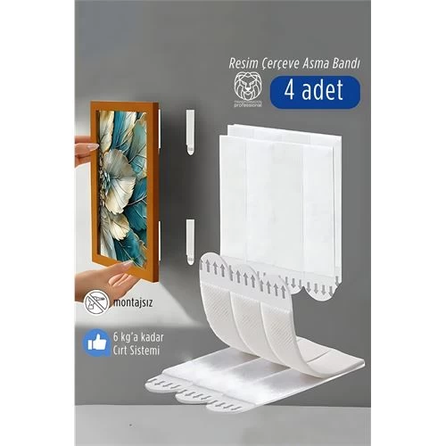 Güçlü Resim Çerçeve Asma Bandı 4'Lü Set - 6Kg Taşıma Kapasiteli Duvar Delmeyen Cırt Sistemi 