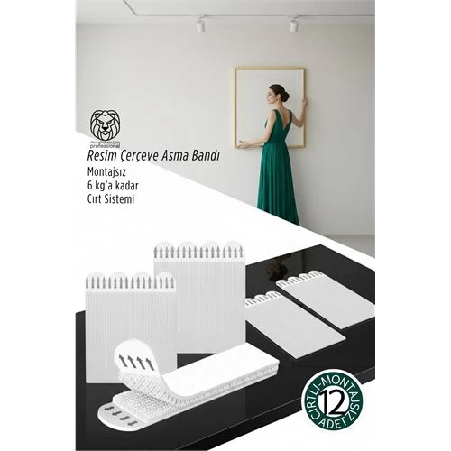 Güçlü Resim Çerçeve Asma Bandı 12'Li Set - 6Kg Taşıma Kapasiteli Duvar Delmeyen Cırt Sistemi 