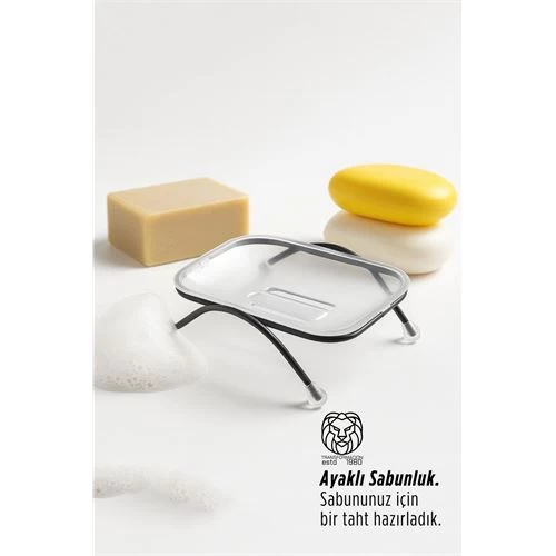 Ayaklı Sabunluk – Su Giderli, Şeffaf Tasarım, 12 X 9 Cm, Tezgah Üstü Kullanım