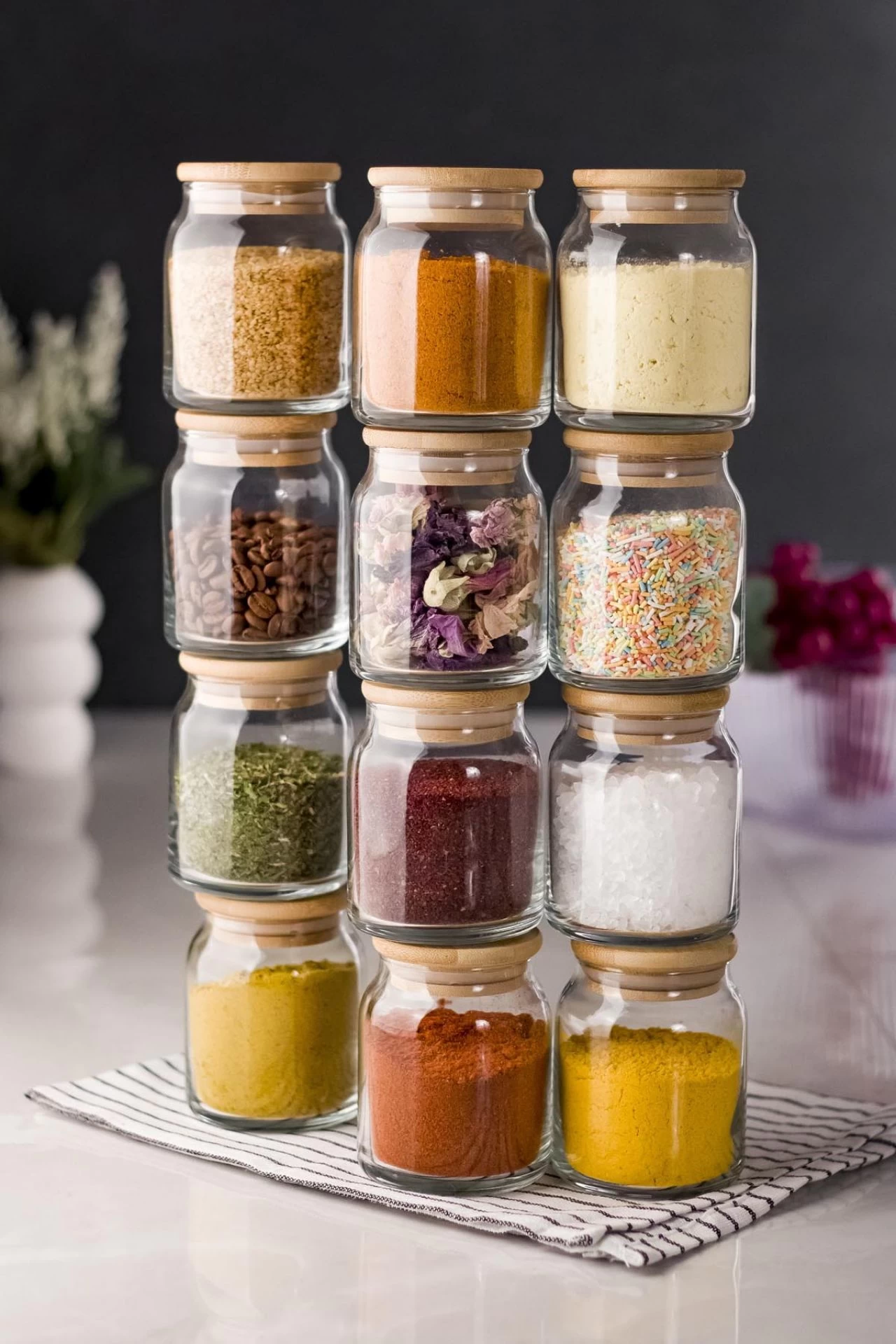 12 Li Set Bambu Kapaklı Cam Kavanoz & Baharat Takımı & Baharatlık 250 Ml ( Vakum Kapak )