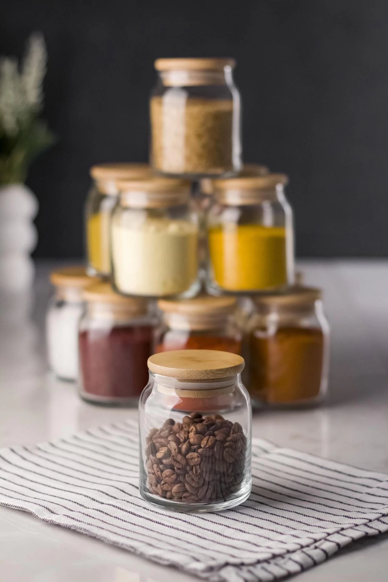 12 Li Set Bambu Kapaklı Cam Kavanoz & Baharat Takımı & Baharatlık 250 Ml ( Vakum Kapak )
