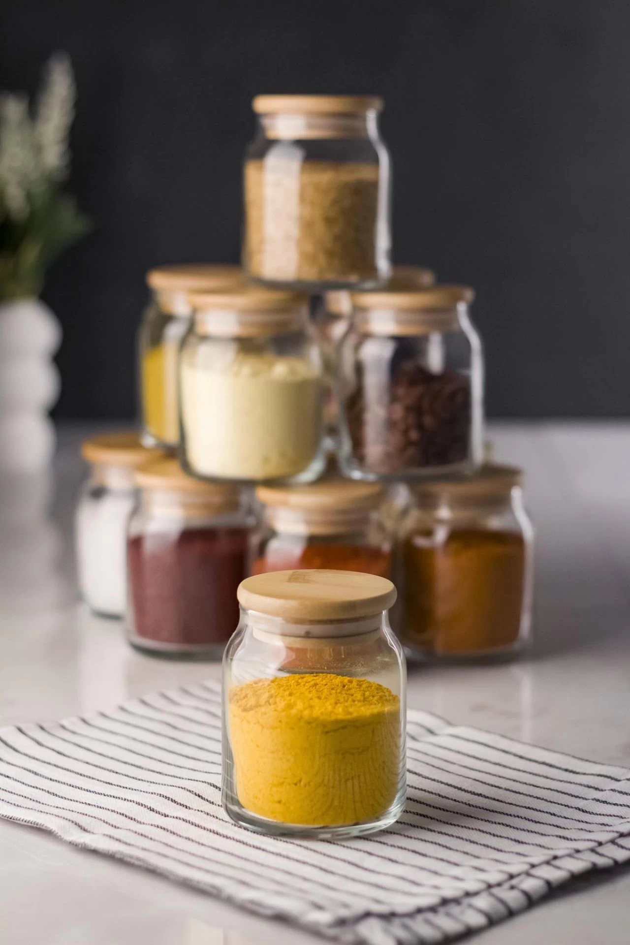 12 Li Set Bambu Kapaklı Cam Kavanoz & Baharat Takımı & Baharatlık 250 Ml ( Vakum Kapak )
