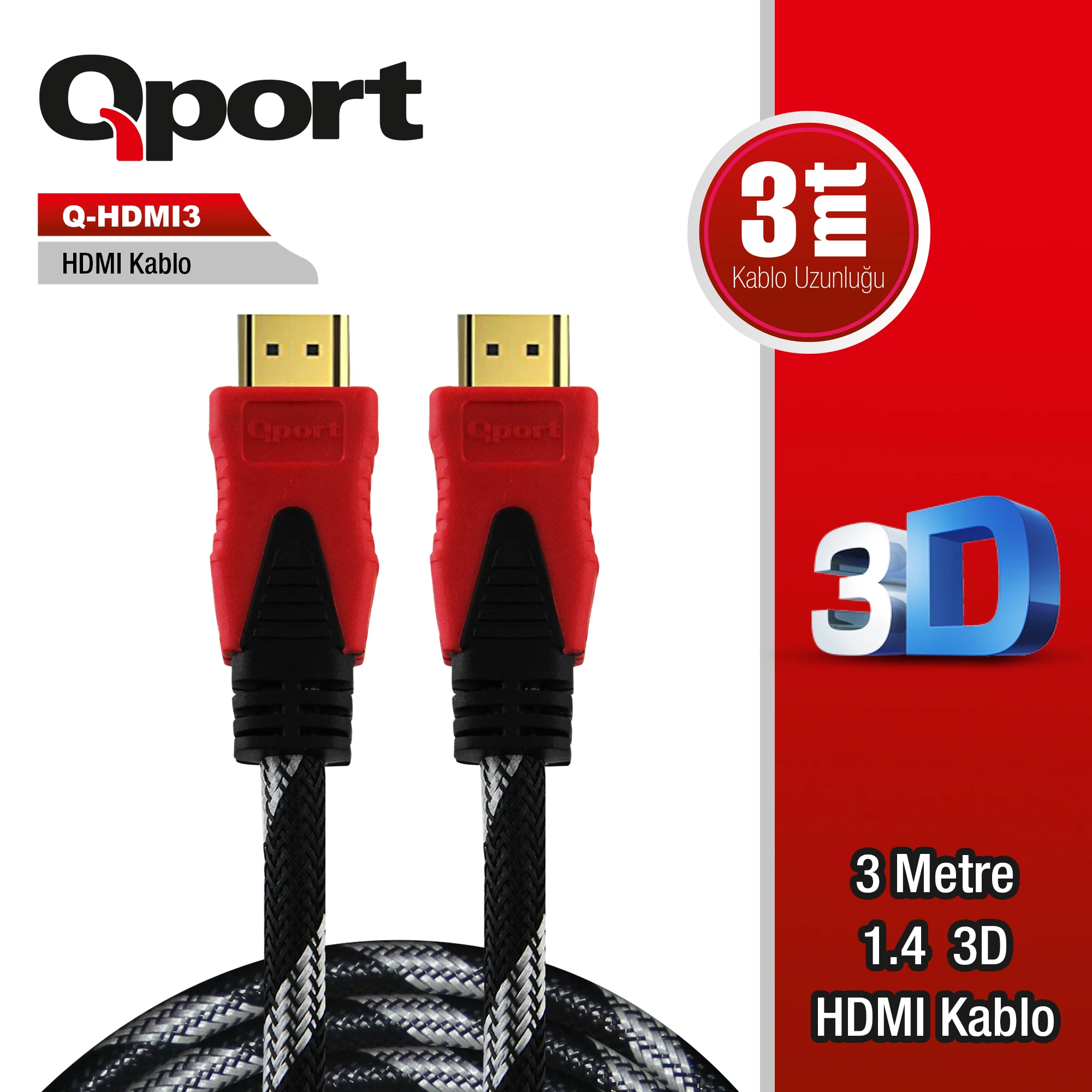 Qport Q-hdmi3 Hdmi 1.4 V Altin UÇlu Kablo 3 Mt