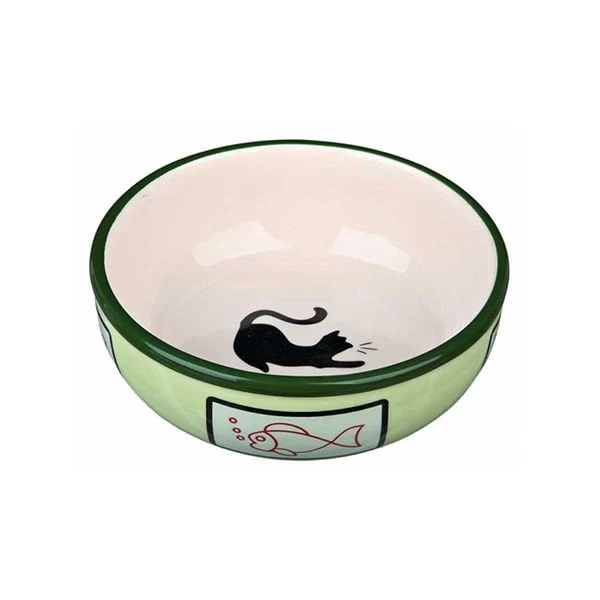 Trixie Balık Ve Kedi Desenli Seramik Kedi Mama Ve Su Kabı Yeşil 0.35 Lt 12.5 Cm