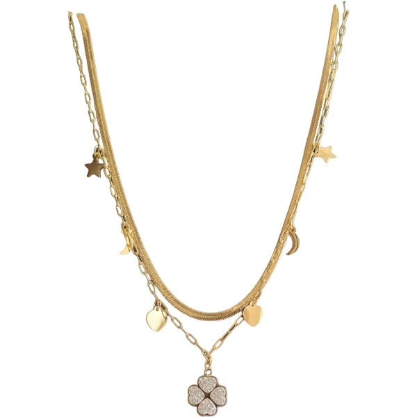 2'li Taşlı Yonca Uçlu Çelik Kolye