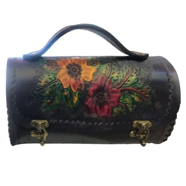 El Yapımı Çiçek Desenli 2 Tokalı Deri Çanta Siyah