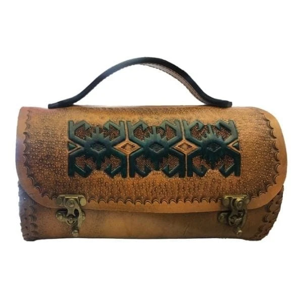 El Yapımı Siyah İşlemeli 2 Tokalı Deri Çanta