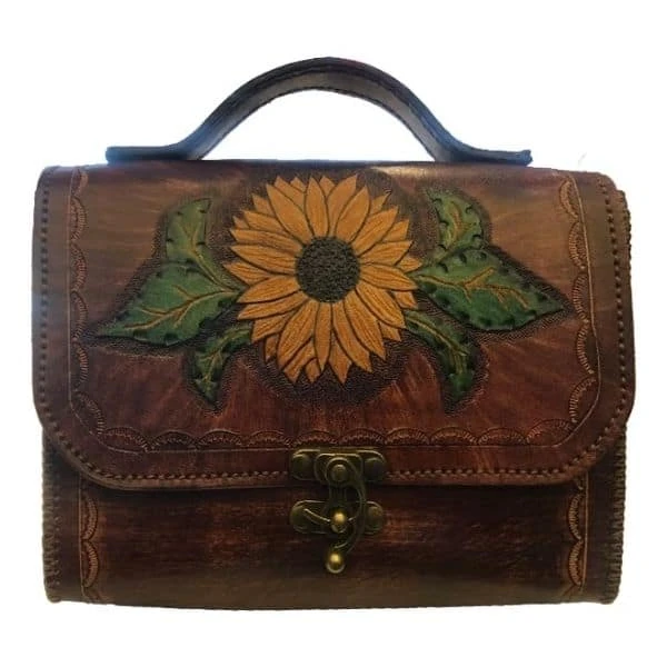 El Yapımı Çiçek Desenli Deri Çanta