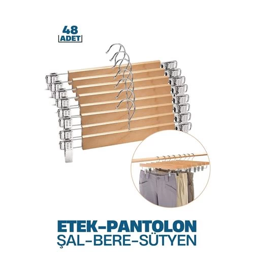 Transformacion 48 Adet Etek Pantolon Eşarp Kıskaçlı Askı  Ahşap