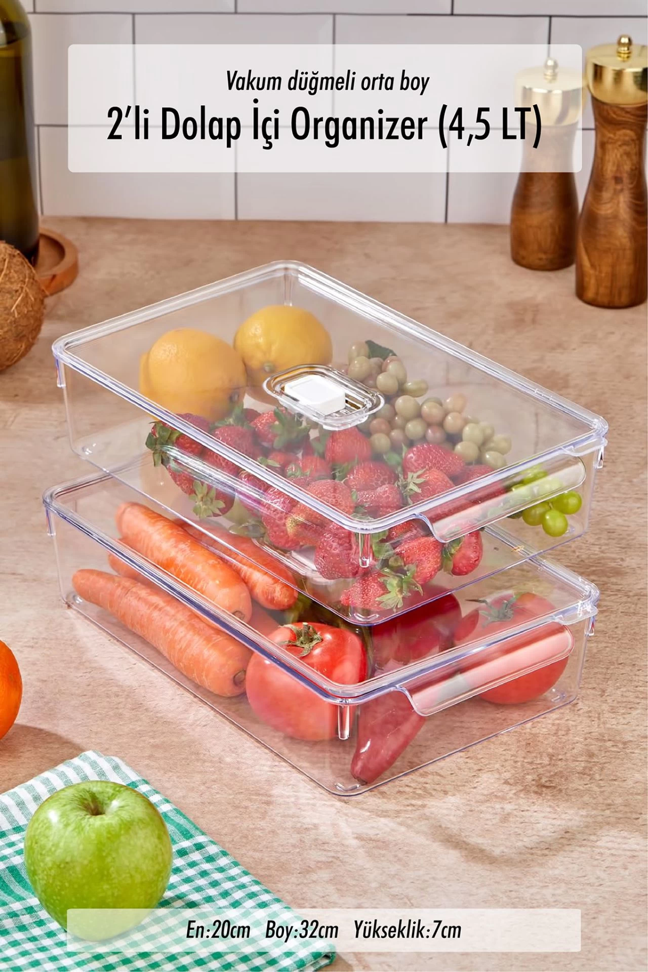 2'li Orta Boy Vakum Düğmeli Kapaklı Dolap İçi Organizeri & Kırılmaz Düzenleyici Kutu (4,5lt)