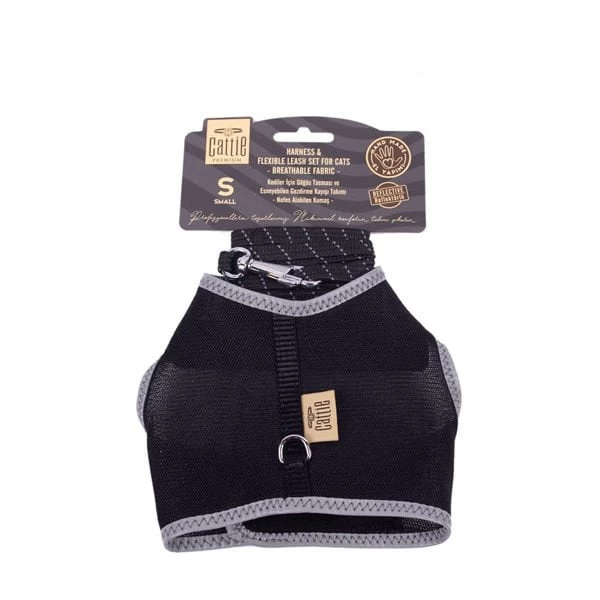 Cattie Havalı Dokuma Kedi Göğüs Ve Gezdirme Takımı Small Siyah 1x20-30 Cm